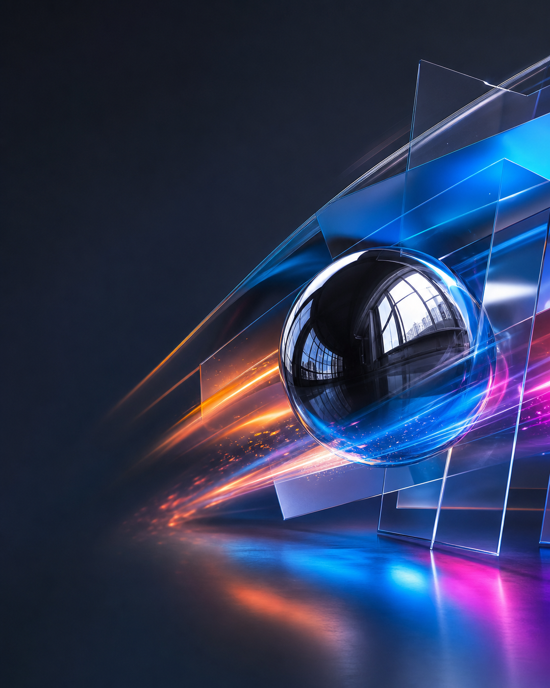 Abstract BizzBuddy visual showing a chrome sphere and energetic blue, orange, and magenta light trails